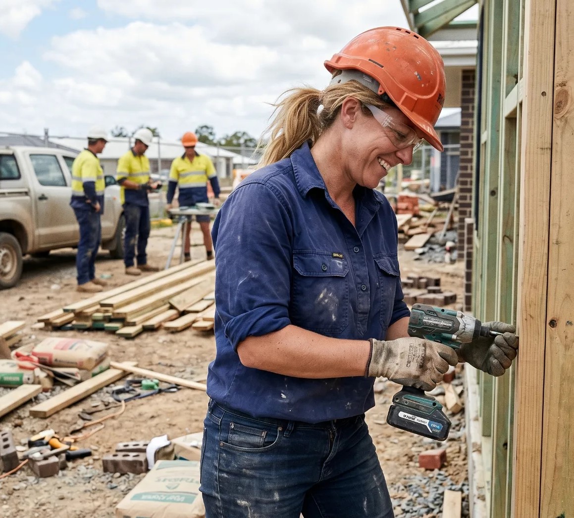 A woman in navy work shirt drilling a timber doorframe on a Queensland build site