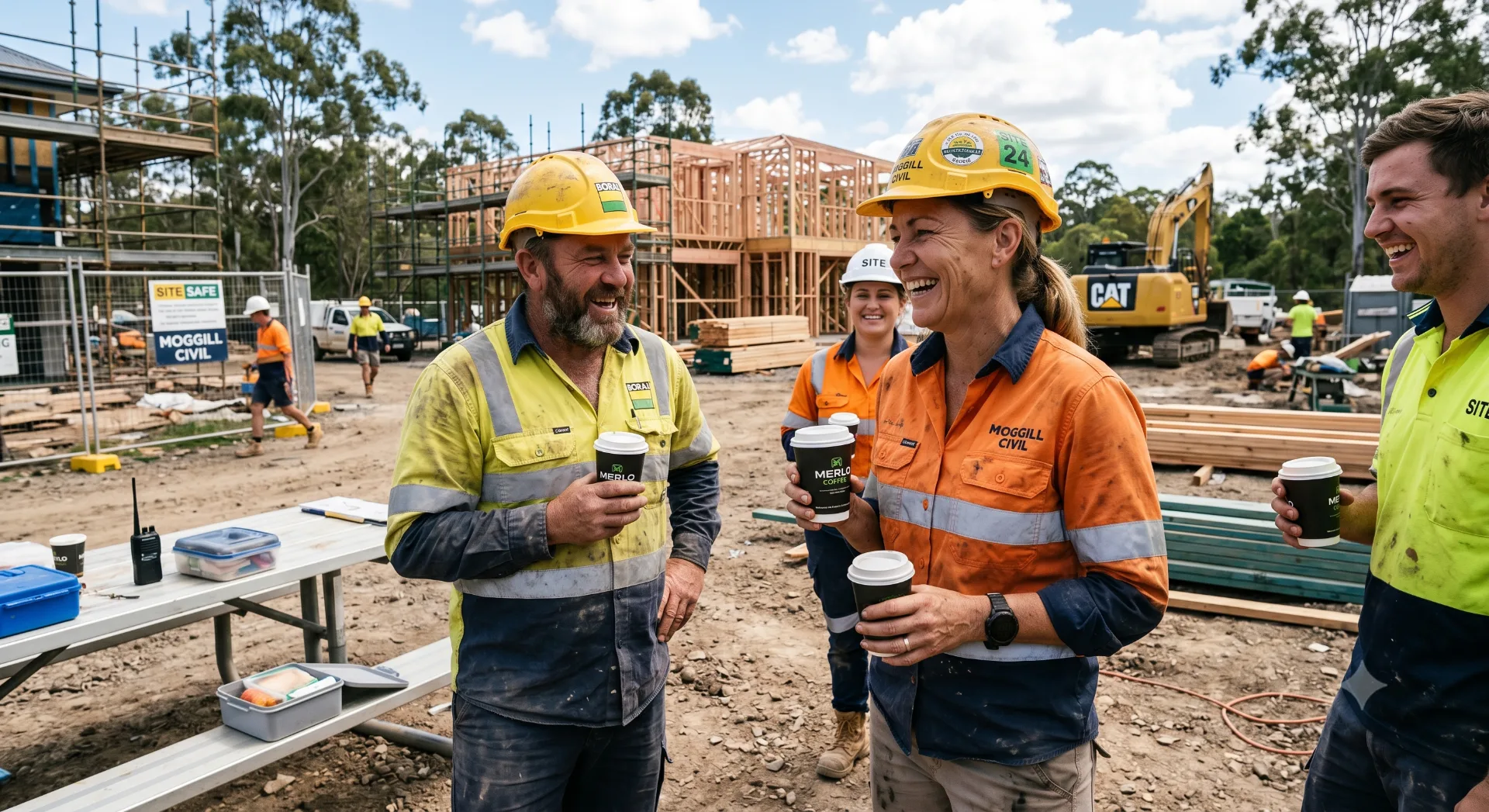 Antoinette laughing with her crew over coffee on a Brisbane build site