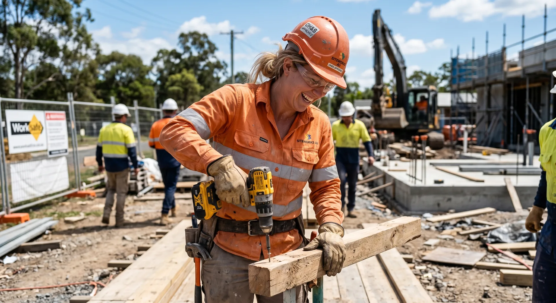 A woman in hi-vis drilling timber on a Queensland build site